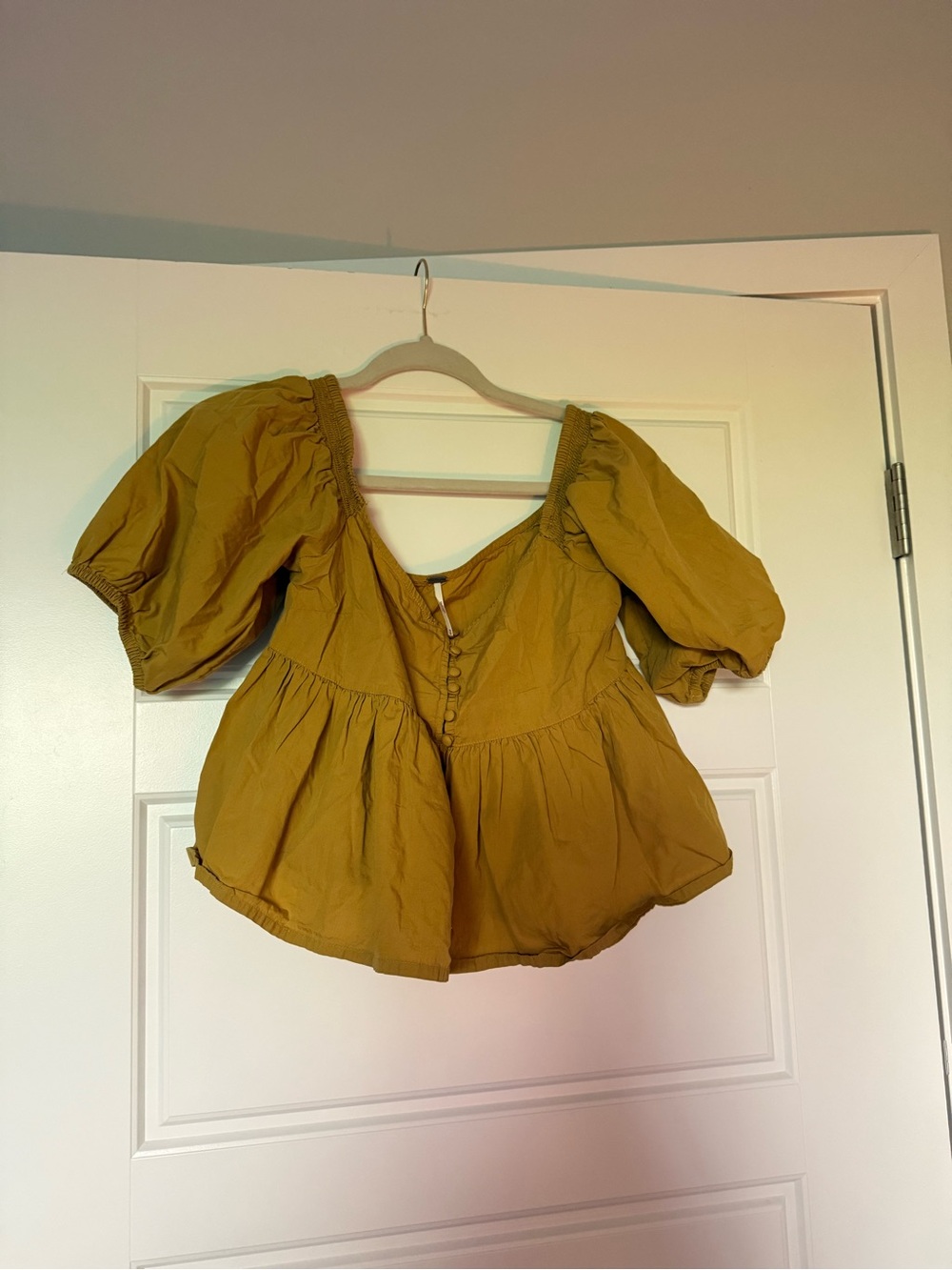 Free People Mustard Puff-Sleeve Peplum Top